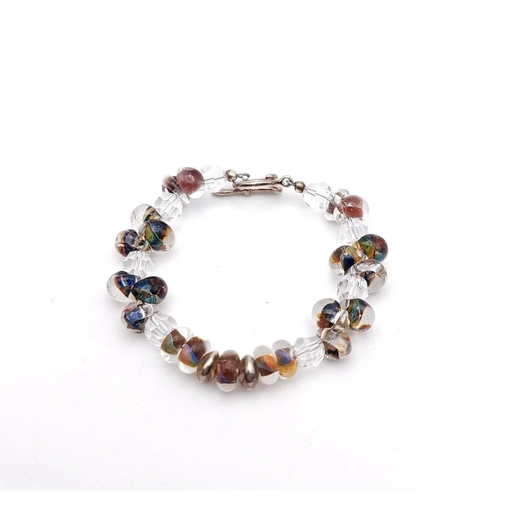 Glass Beaded Bracelet‎ Clear Multicolor Boho Stackable Toggle